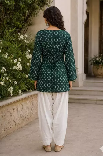 Green bandhej print cotton kurti set with farshi pant & bell sleeve jacket