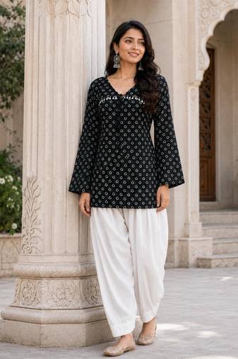 Black bandhej print cotton kurti set with farshi pant & bell sleeve jacket