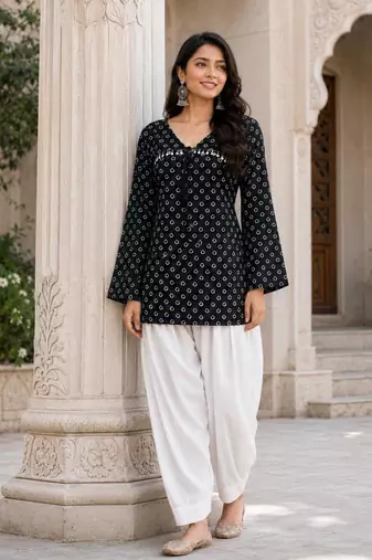 Black bandhej print cotton kurti set with farshi pant & bell sleeve jacket