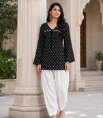 Black bandhej print cotton kurti set with farshi pant & bell sleeve jacket