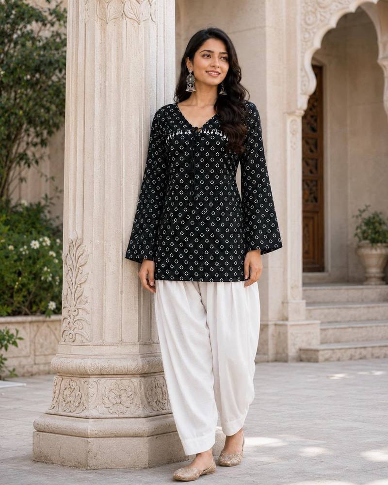 Black bandhej print cotton kurti set with farshi pant & bell sleeve jacket