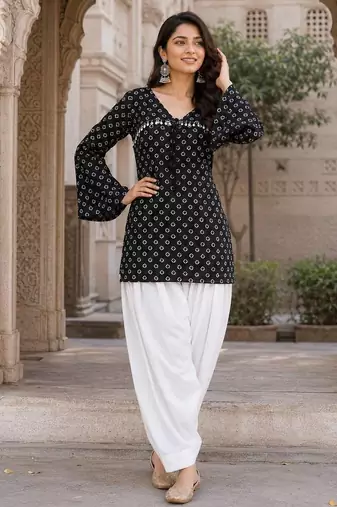 Black bandhej print cotton kurti set with farshi pant & bell sleeve jacket