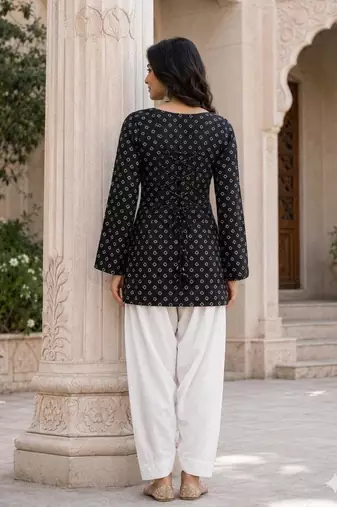 Black bandhej print cotton kurti set with farshi pant & bell sleeve jacket