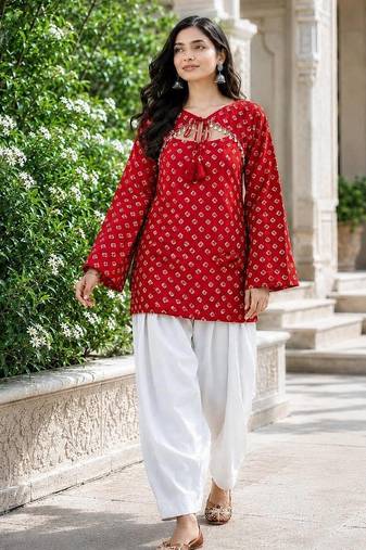 Red bandhej print cotton kurti set with farshi pant & bell sleeve jacket