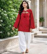Red bandhej print cotton kurti set with farshi pant & bell sleeve jacket