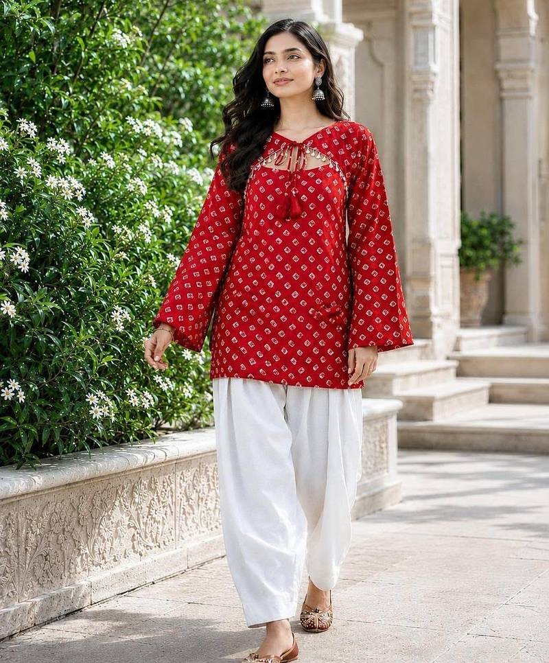Red bandhej print cotton kurti set with farshi pant & bell sleeve jacket