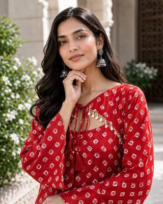Red bandhej print cotton kurti set with farshi pant & bell sleeve jacket 2