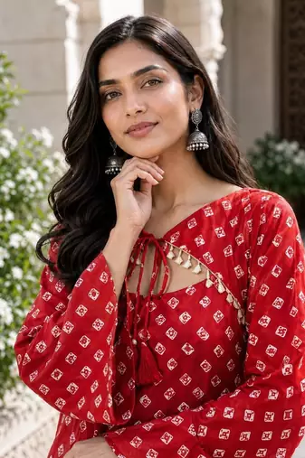 Red bandhej print cotton kurti set with farshi pant & bell sleeve jacket