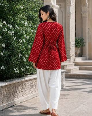 Red bandhej print cotton kurti set with farshi pant & bell sleeve jacket 3