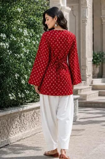 Red bandhej print cotton kurti set with farshi pant & bell sleeve jacket