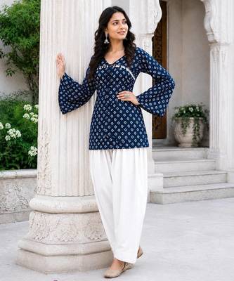 Navy blue bandhej print cotton kurti set with farshi pant & bell sleeve jacket 1