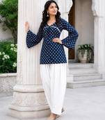 Navy blue bandhej print cotton kurti set with farshi pant & bell sleeve jacket