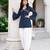 Navy blue bandhej print cotton kurti set with farshi pant & bell sleeve jacket