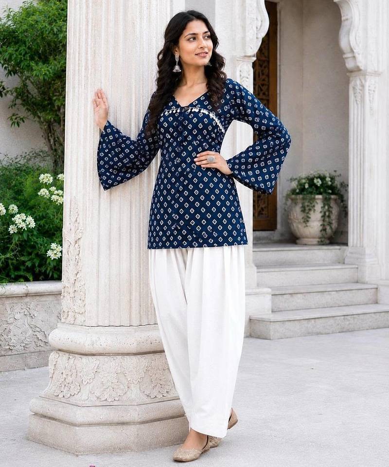 Navy blue bandhej print cotton kurti set with farshi pant & bell sleeve jacket