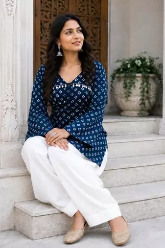 Navy blue bandhej print cotton kurti set with farshi pant & bell sleeve jacket