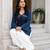 Navy blue bandhej print cotton kurti set with farshi pant & bell sleeve jacket