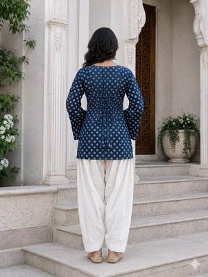 Navy blue bandhej print cotton kurti set with farshi pant & bell sleeve jacket 3