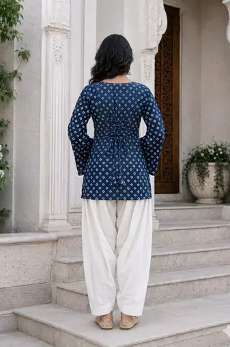 Navy blue bandhej print cotton kurti set with farshi pant & bell sleeve jacket