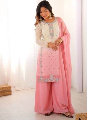 Pink heavy faux georgette embroidered kurti palazzo set with dupatta 1