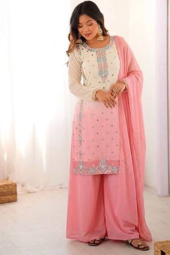 Pink heavy faux georgette embroidered kurti palazzo set with dupatta
