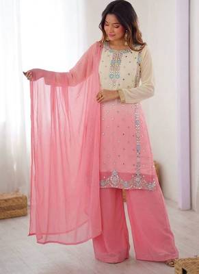 Pink heavy faux georgette embroidered kurti palazzo set with dupatta 2