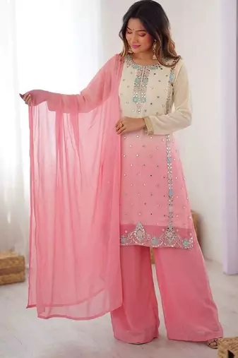 Pink heavy faux georgette embroidered kurti palazzo set with dupatta