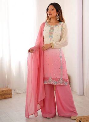 Pink heavy faux georgette embroidered kurti palazzo set with dupatta 3