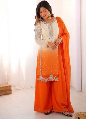 Orange heavy faux georgette embroidered kurti palazzo set with dupatta 1