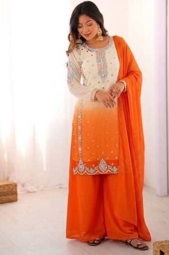 Orange heavy faux georgette embroidered kurti palazzo set with dupatta