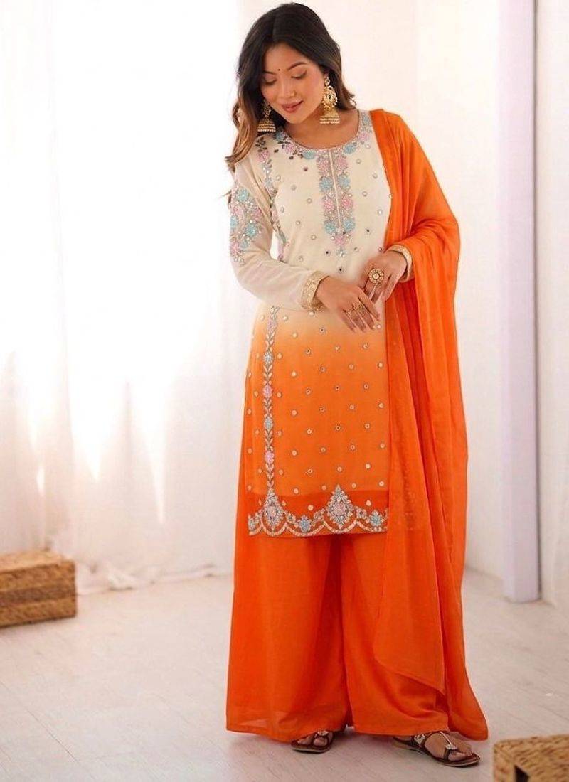Orange heavy faux georgette embroidered kurti palazzo set with dupatta