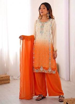 Orange heavy faux georgette embroidered kurti palazzo set with dupatta 2