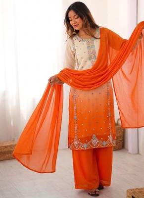 Orange heavy faux georgette embroidered kurti palazzo set with dupatta 3