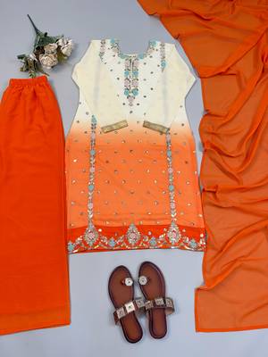 Orange heavy faux georgette embroidered kurti palazzo set with dupatta 4