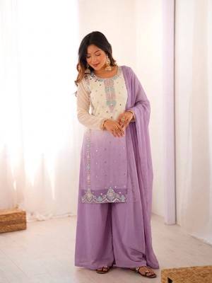 Lavender heavy faux georgette embroidered kurti palazzo set with dupatta 1