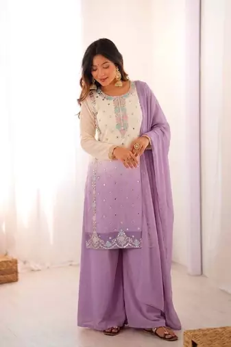 Lavender heavy faux georgette embroidered kurti palazzo set with dupatta