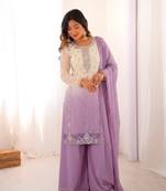 Lavender heavy faux georgette embroidered kurti palazzo set with dupatta