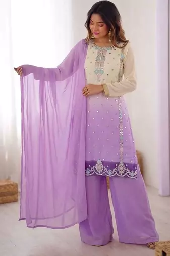 Lavender heavy faux georgette embroidered kurti palazzo set with dupatta