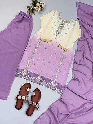 Lavender heavy faux georgette embroidered kurti palazzo set with dupatta 4