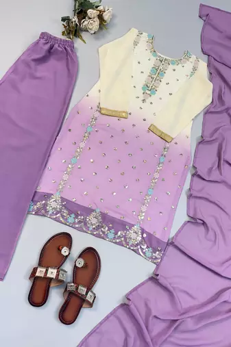 Lavender heavy faux georgette embroidered kurti palazzo set with dupatta
