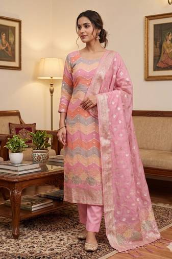 Pink organza banarasi jacquard dress material suit