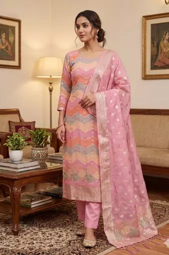 Pink organza banarasi jacquard dress material suit