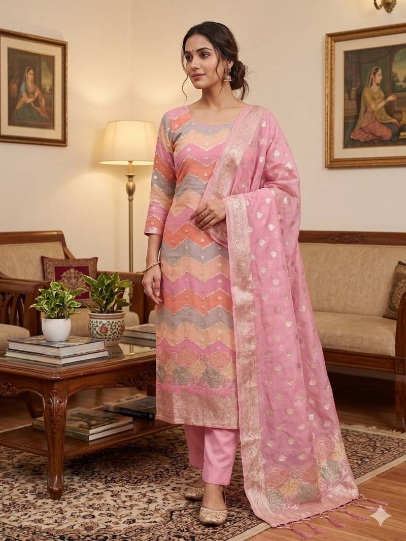 Pink organza banarasi jacquard dress material suit