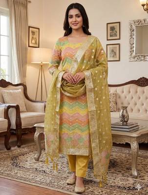 Mehendi organza banarasi jacquard dress material suit 1