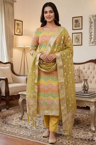 Mehendi organza banarasi jacquard dress material suit