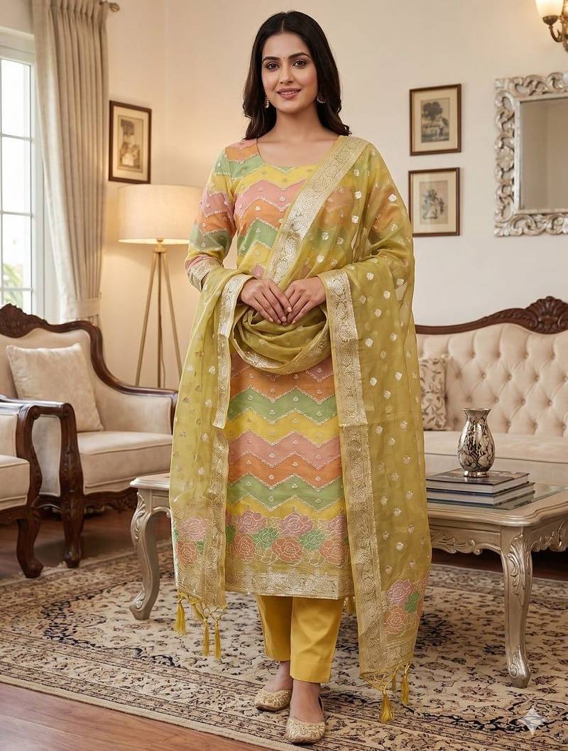 Mehendi organza banarasi jacquard dress material suit