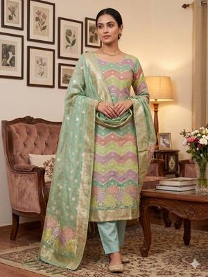 Green organza banarasi jacquard dress material suit 1