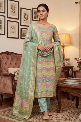 Green organza banarasi jacquard dress material suit