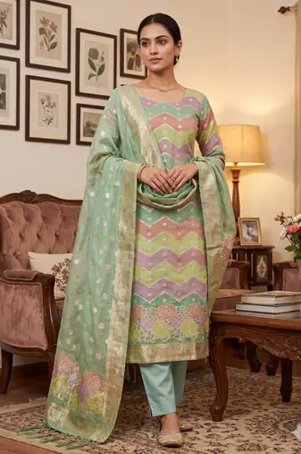 Green organza banarasi jacquard dress material suit