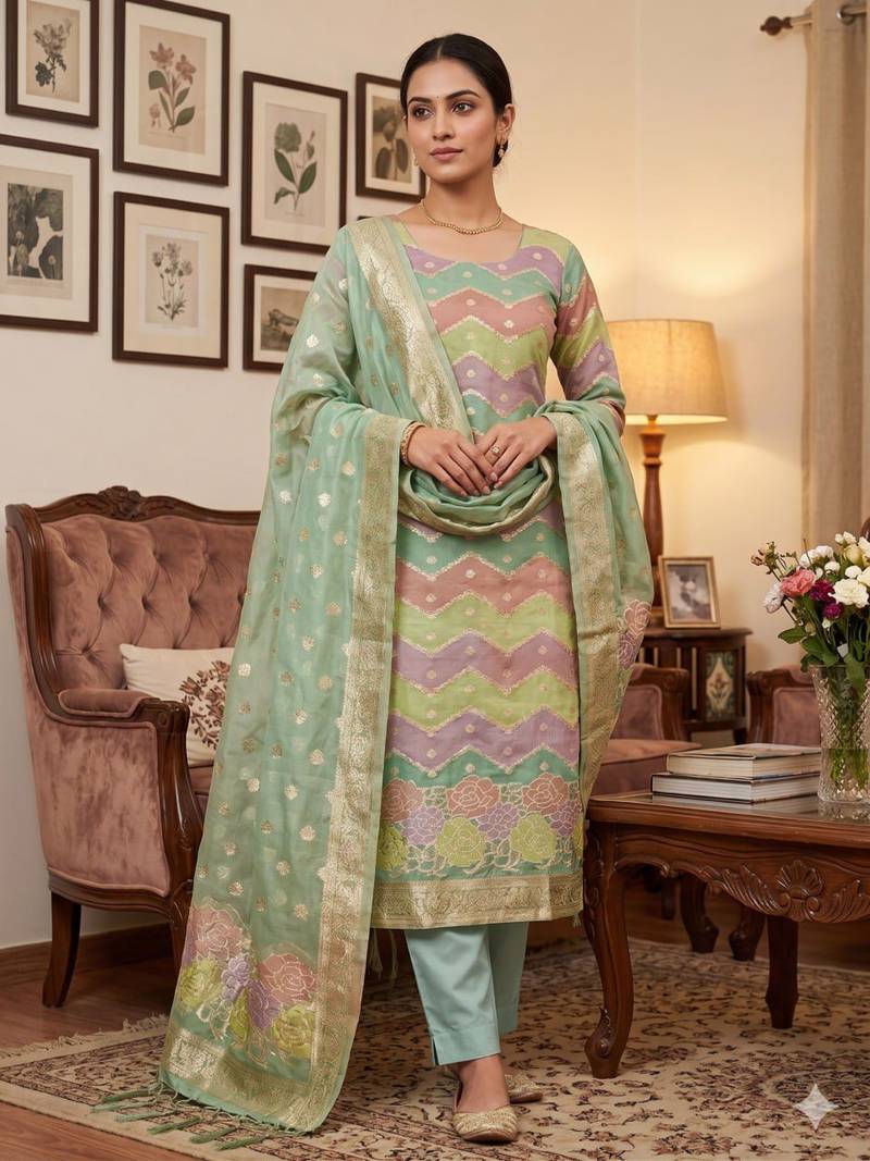 Green organza banarasi jacquard dress material suit