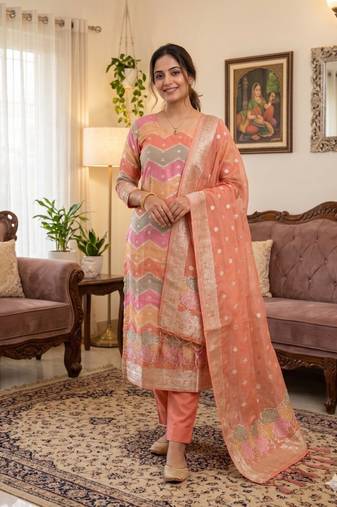 Peach organza banarasi jacquard dress material suit